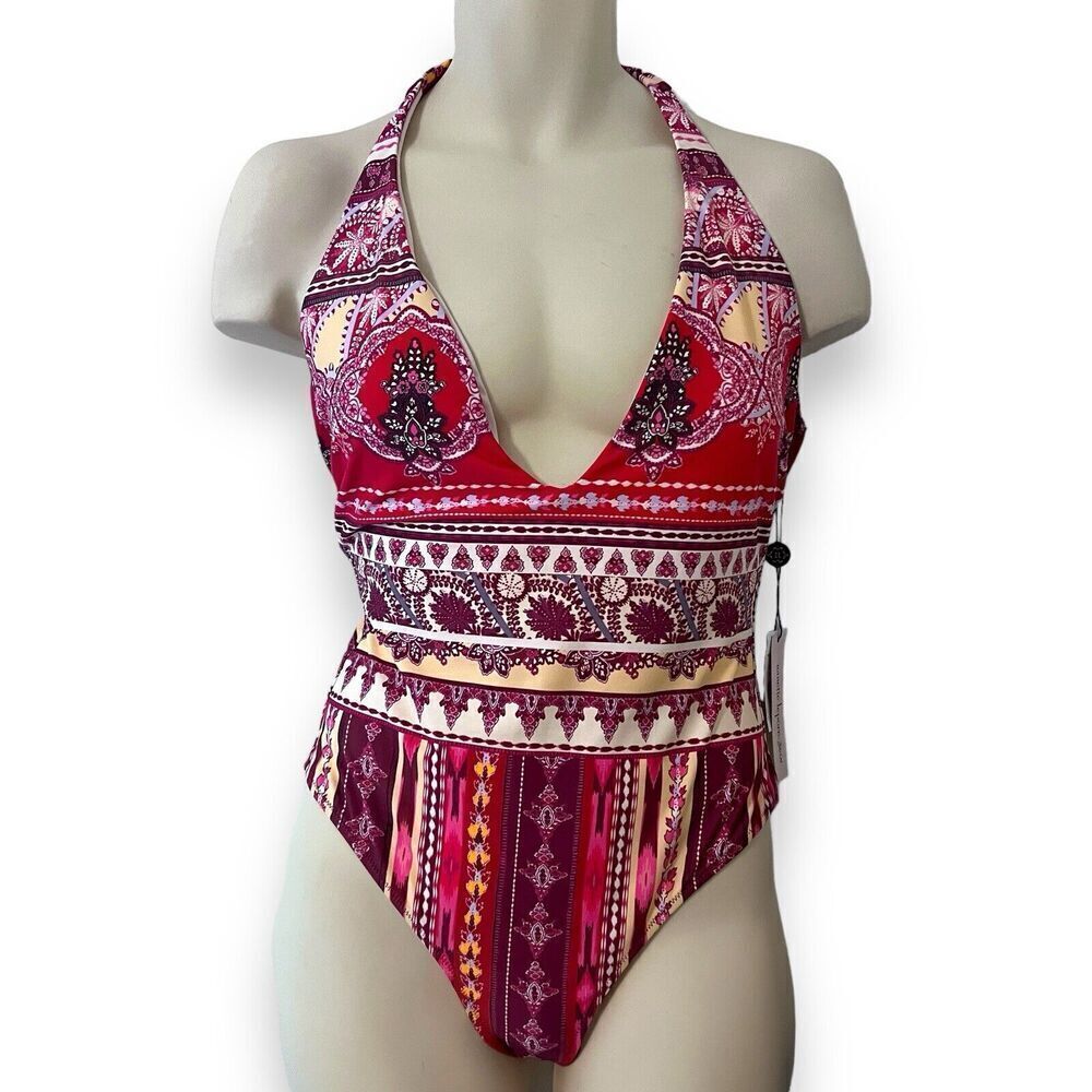 Nanette Lepore Swimsuit Poppy Plunge Red Purple Halter One-Piece Size 8 NWT